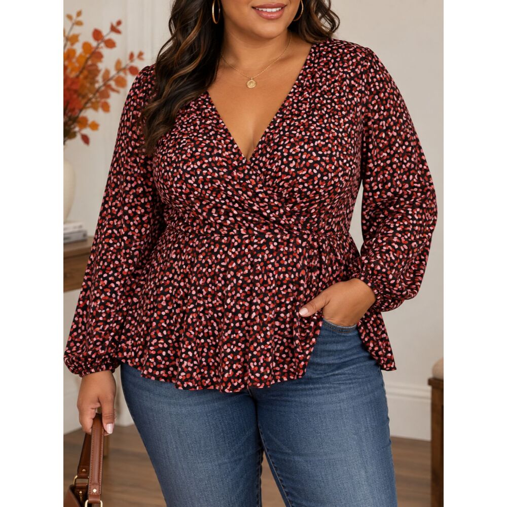 Ophelia Roe 1X Wrap Blouse Peplum V Neck Stretch Pink Red Print Top